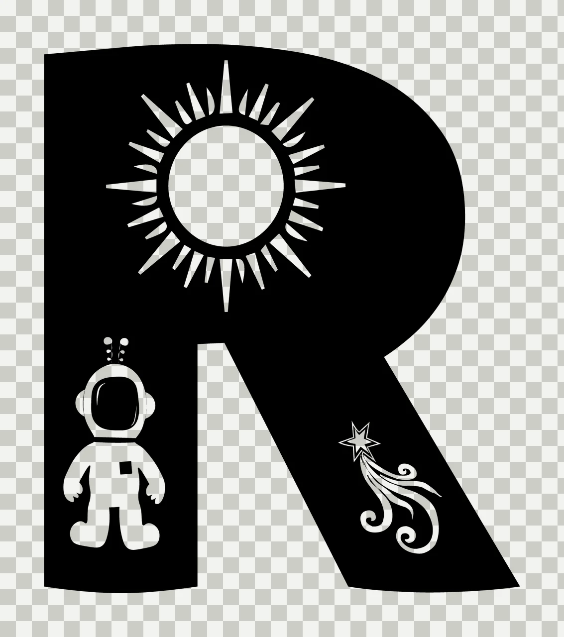 Space R Letter Astronaut And Sun transparency and detail preview thumbnail