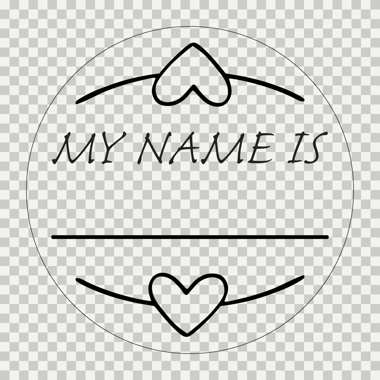 MY NAME IS Circular name tag sticker Design with circular border, two heart shapes, curved lines above and below hearts and text 'MY NAME IS' in black and white transparency and detail preview thumbnail