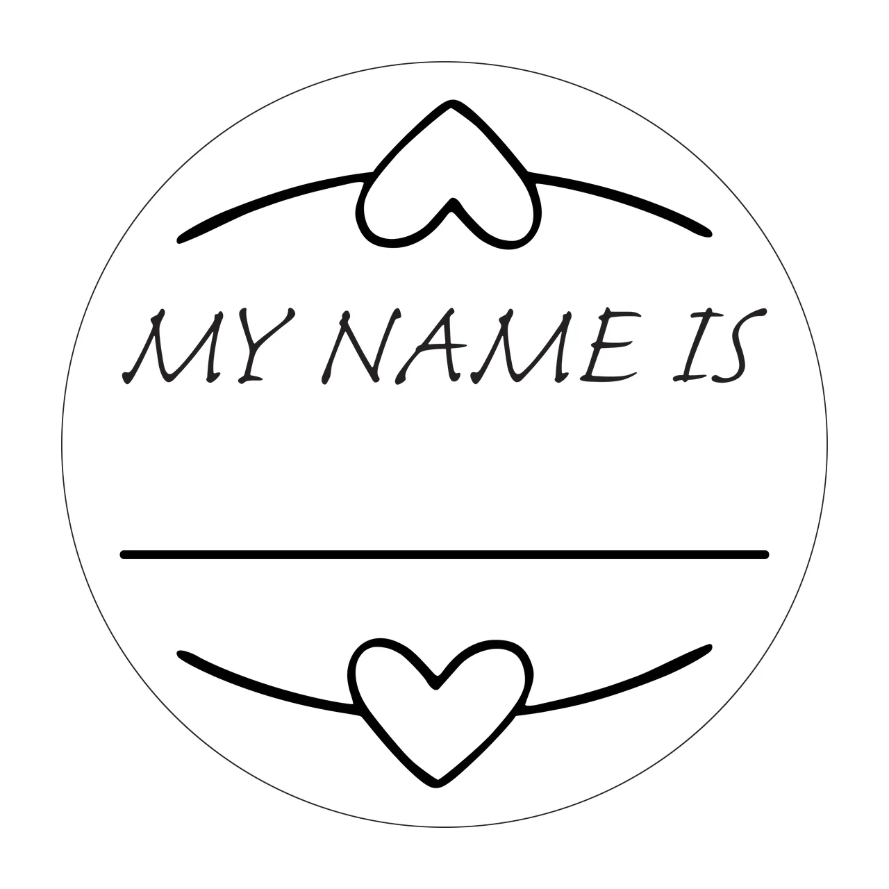 MY NAME IS Circular name tag sticker Design with circular border, two heart shapes, curved lines above and below hearts and text 'MY NAME IS' in black and white