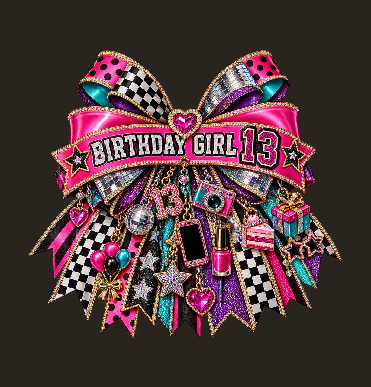 Birthday Girl 13 Bow Charm PNG, Patterned Coquette Bow Clipart, Transparent Sublimation Digital Download contrast preview thumbnail