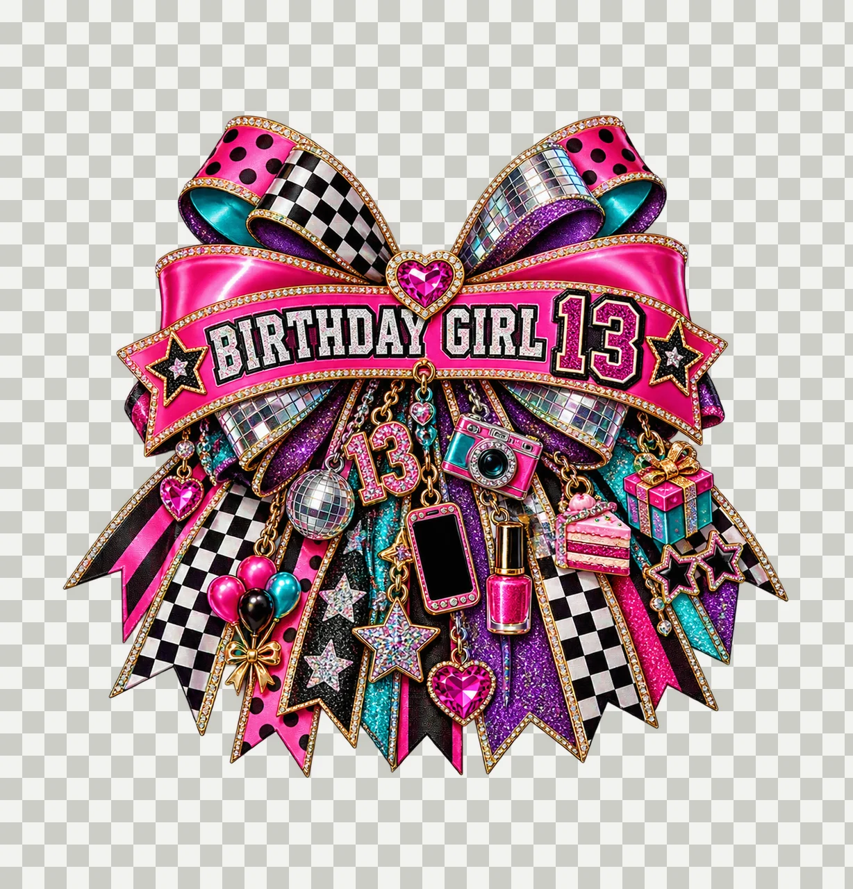 Birthday Girl 13 Bow Charm PNG, Patterned Coquette Bow Clipart, Transparent Sublimation Digital Download transparency and detail preview thumbnail