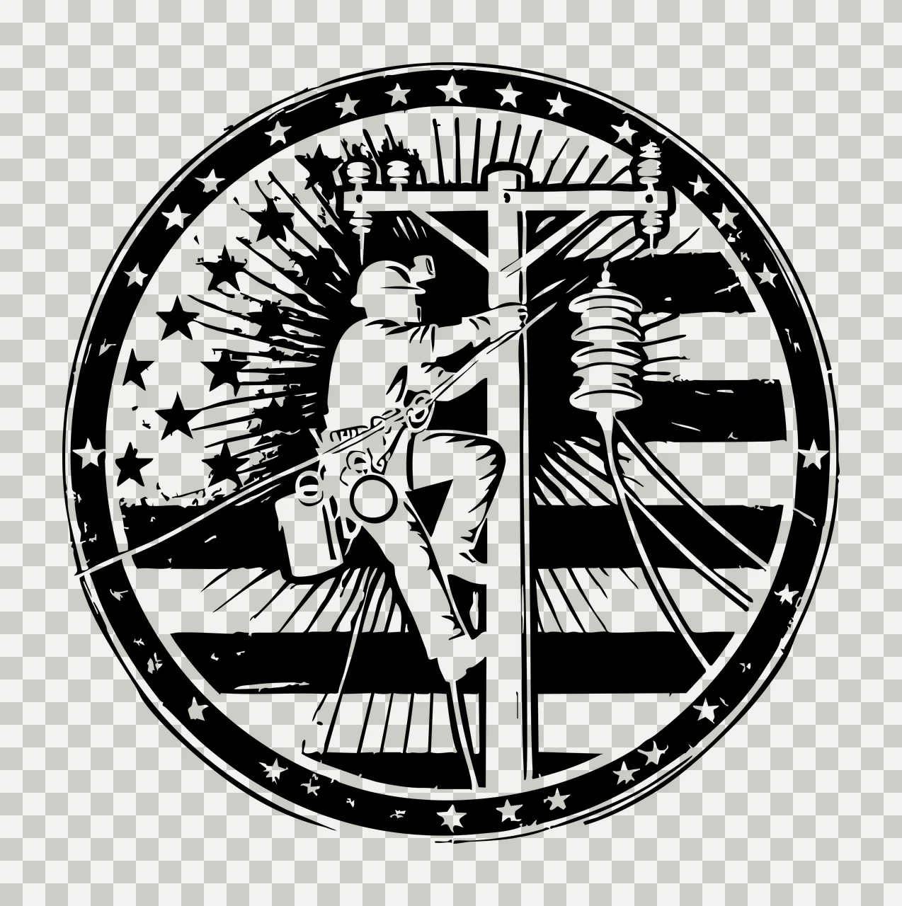 Linework Utility Worker Climbing Pole flag stars stripes black transparency and detail preview thumbnail