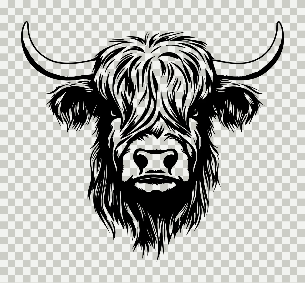 Highland Cow Head Line Art facing forward horns detailed black transparency and detail preview thumbnail
