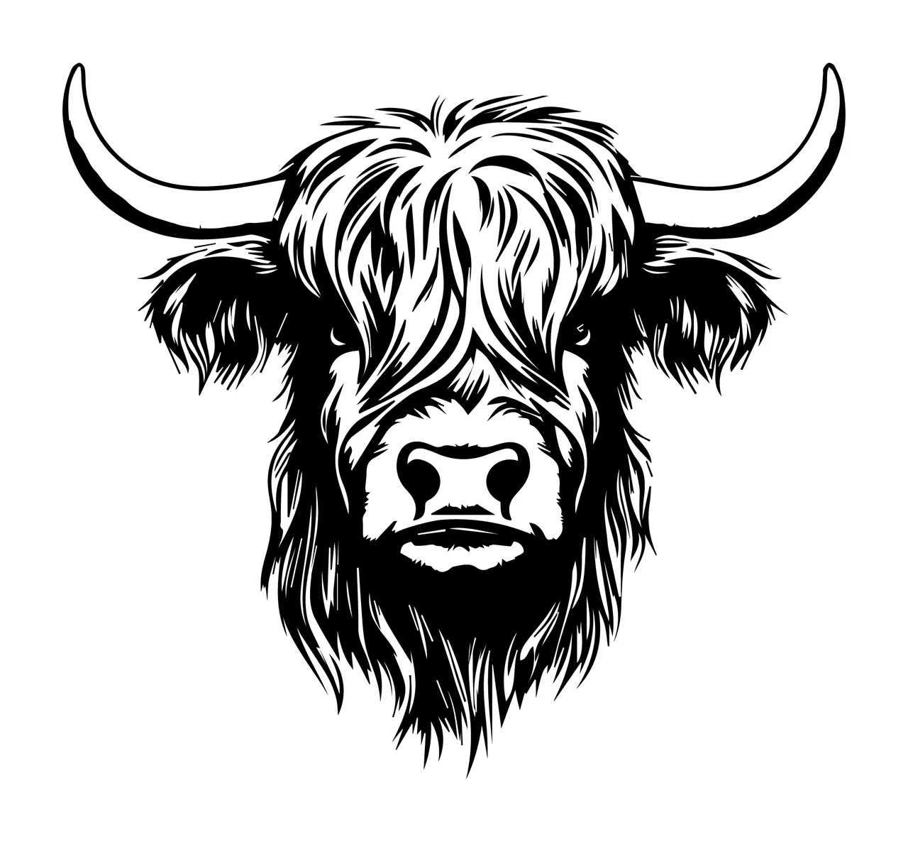 Highland Cow Head Line Art facing forward horns detailed black