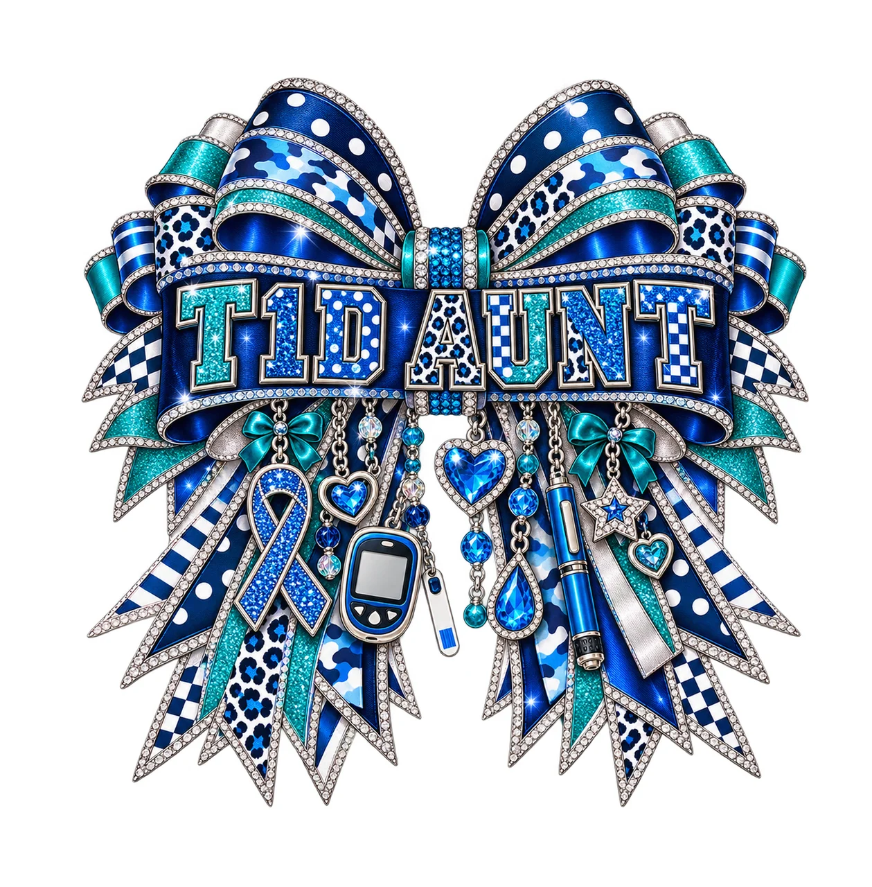 T1D Aunt Bow Charm PNG, Patterned Varsity Aunt Ribbon Clipart, Transparent Sublimation Digital Download
