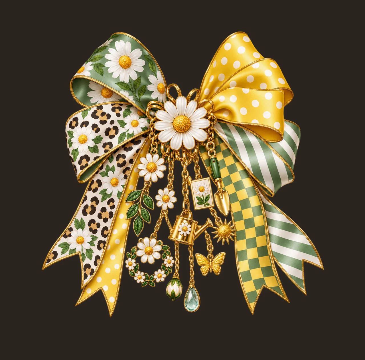 Daisy Flower Bow Charm PNG, Patterned Boutique Ribbon Clipart, Transparent Sublimation Digital Download contrast preview thumbnail