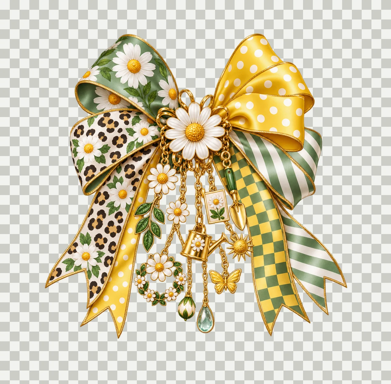 Daisy Flower Bow Charm PNG, Patterned Boutique Ribbon Clipart, Transparent Sublimation Digital Download transparency and detail preview thumbnail