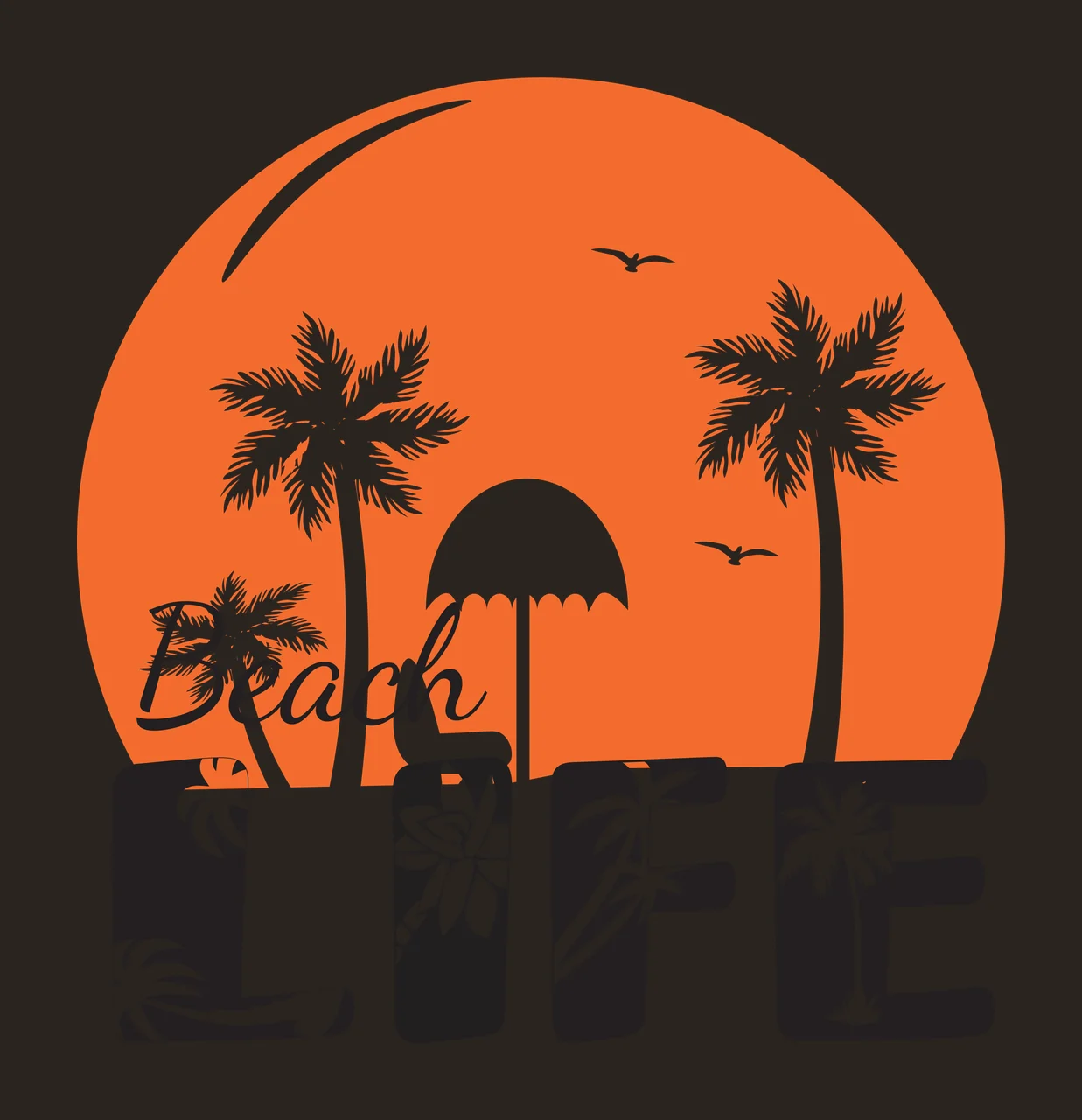 Beach LIFE Typography Design with orange circular sun, white palm trees, white umbrella and white birds in black contrast preview thumbnail