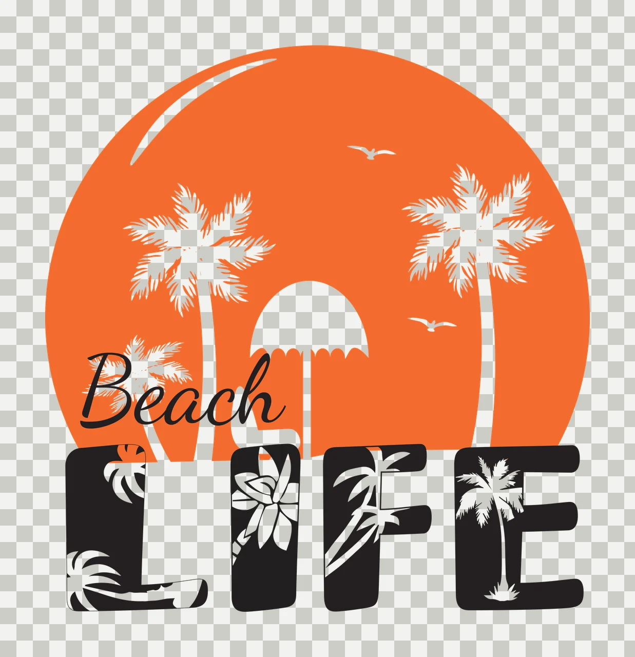 Beach LIFE Typography Design with orange circular sun, white palm trees, white umbrella and white birds in black transparency and detail preview thumbnail