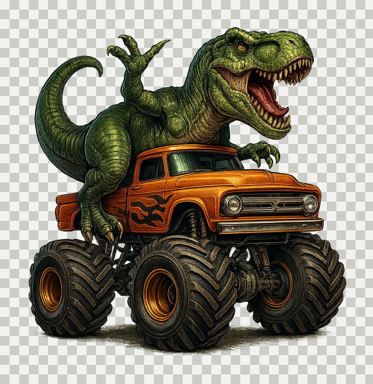 Trex Driving Monster Truck Dinosaur Sublimation Design transparency and detail preview thumbnail