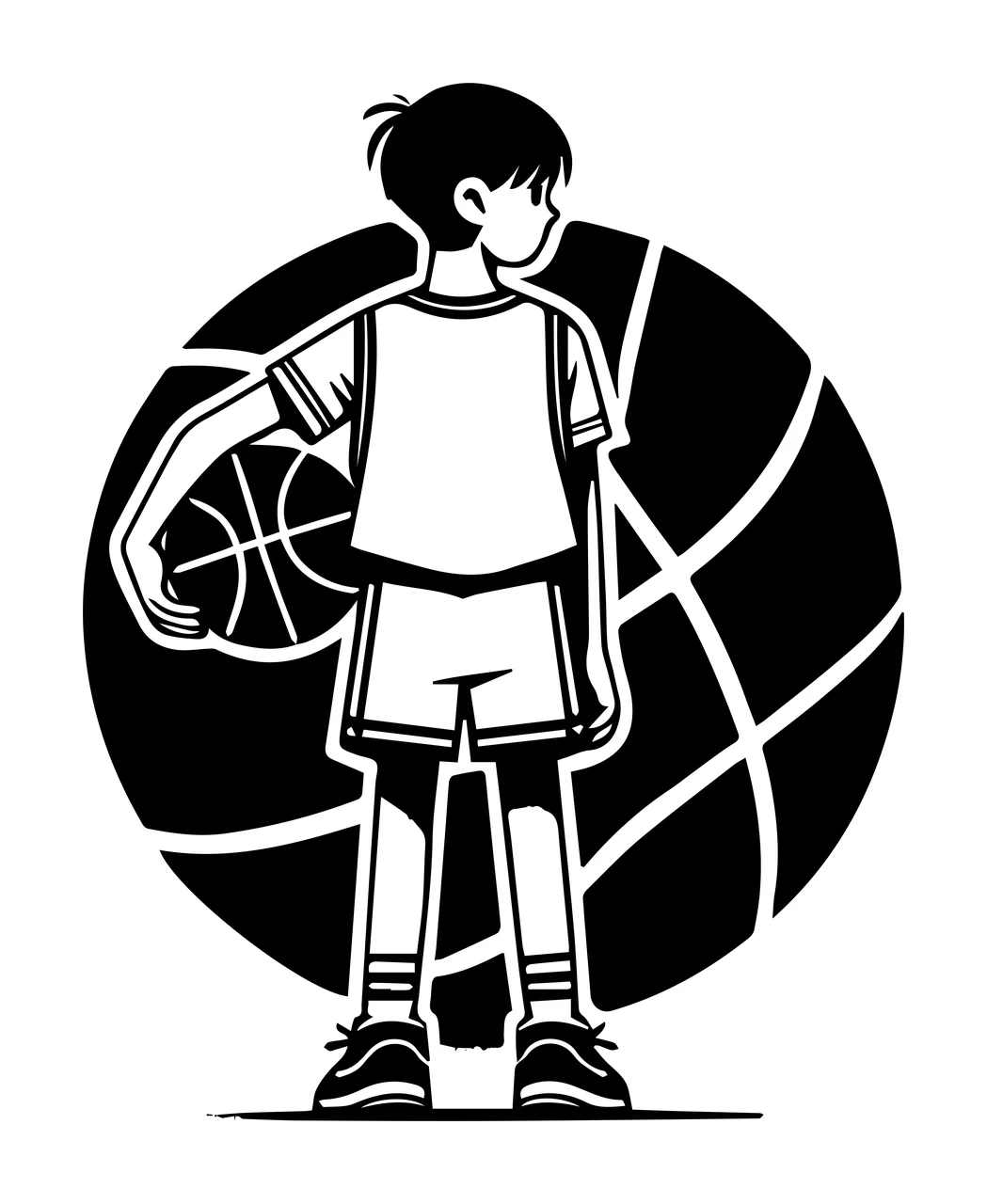 Youth Standing With Basketball stencil illustration black white