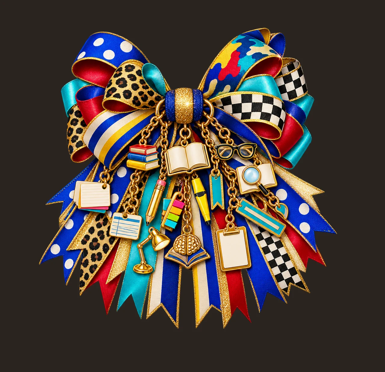 Reading Specialist Bow Charm PNG, Themed Gold Chain Charms, Coquette Ribbon Sublimation Design, Transparent Digital Download contrast preview thumbnail