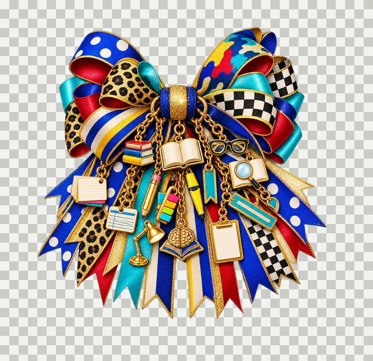 Reading Specialist Bow Charm PNG, Themed Gold Chain Charms, Coquette Ribbon Sublimation Design, Transparent Digital Download transparency and detail preview thumbnail