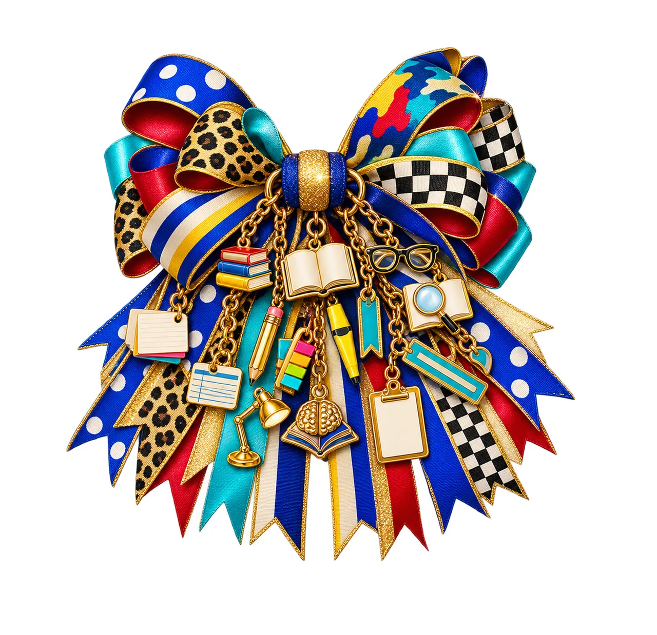 Reading Specialist Bow Charm PNG, Themed Gold Chain Charms, Coquette Ribbon Sublimation Design, Transparent Digital Download