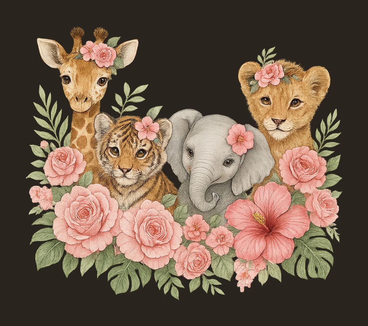 Girls Pink Safari Animals Watercolor Baby Animals Shirt contrast preview thumbnail