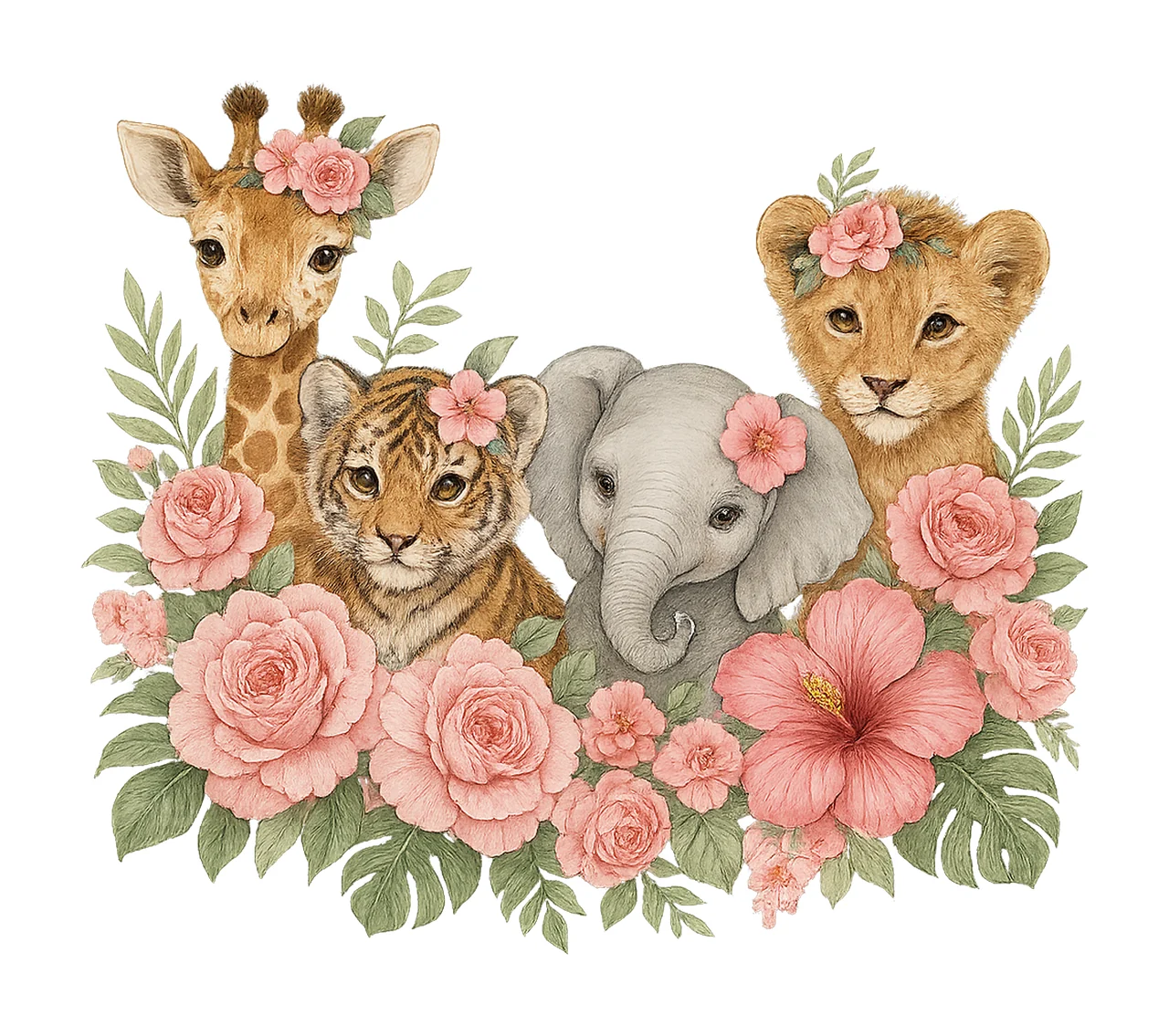 Girls Pink Safari Animals Watercolor Baby Animals Shirt