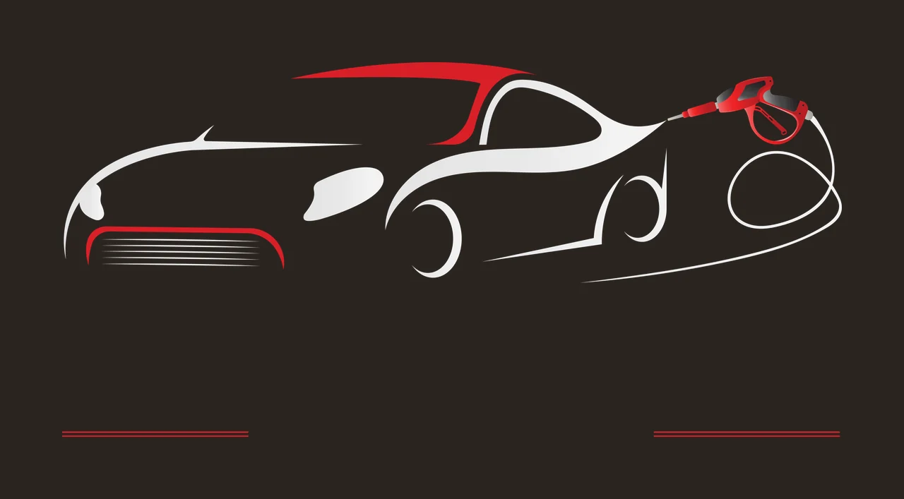 Line Art Illustration of Car wash logo design with gray car silhouette, red roof section, red front grille section and red pressure washer with black nozzle contrast preview thumbnail