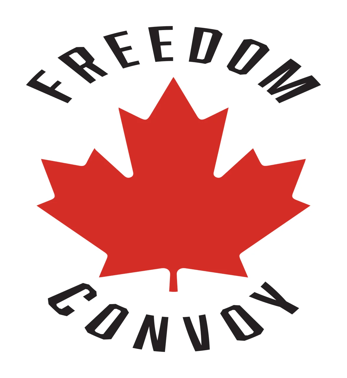 FREEDOM CONVOY Typography Design with red maple leaf and black arched text 'FREEDOM' in white