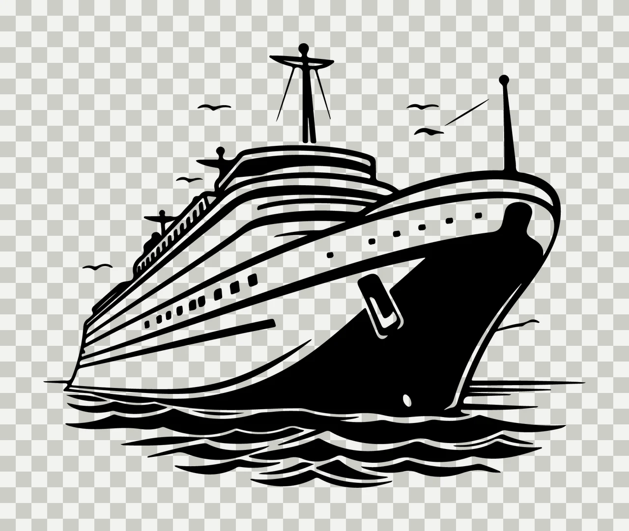Cruise Ship Sailing Over Water birds black white boat waves transparency and detail preview thumbnail