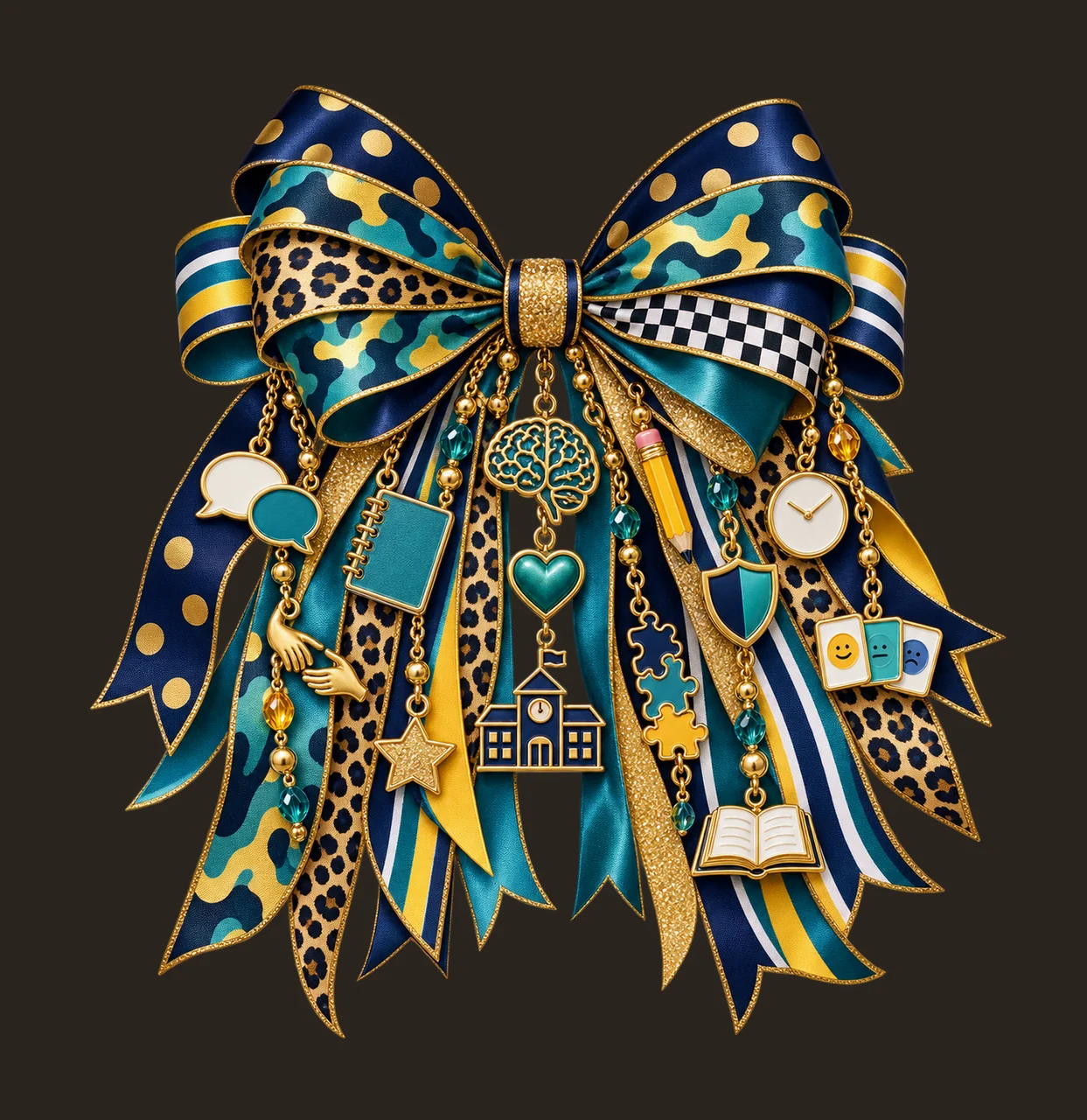 School Psychologist Bow Charm PNG, Themed Gold Chain Charms, Coquette Ribbon Sublimation Design, Transparent Digital Download contrast preview thumbnail