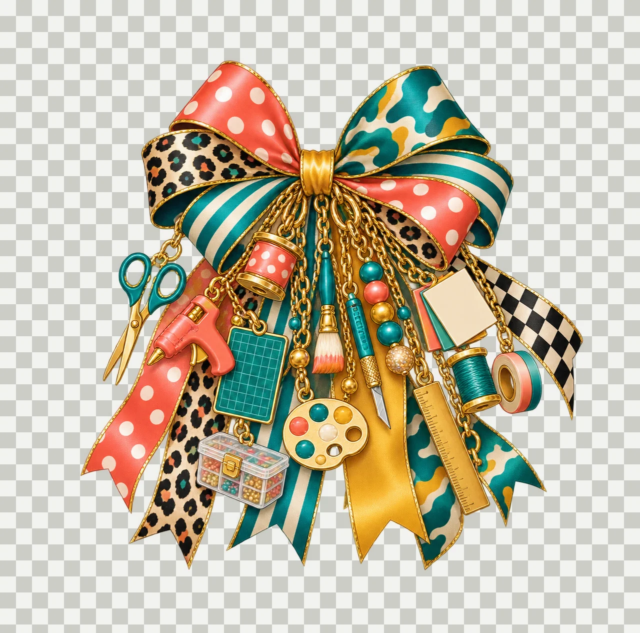 Crafter Handmade Maker Bow Charm PNG, Themed Gold Chain Charms, Coquette Ribbon Sublimation Design, Transparent Digital Download transparency and detail preview thumbnail
