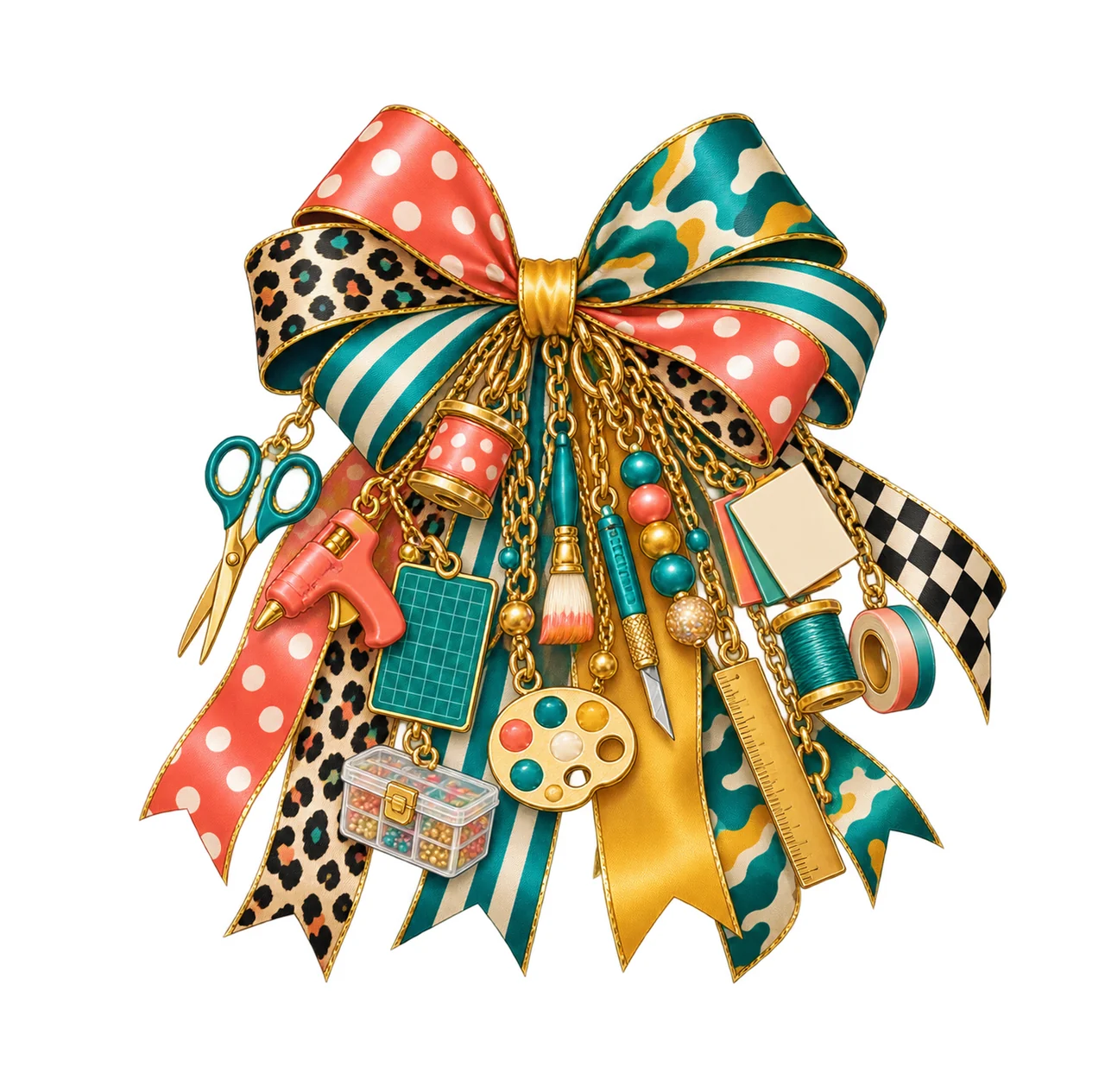 Crafter Handmade Maker Bow Charm PNG, Themed Gold Chain Charms, Coquette Ribbon Sublimation Design, Transparent Digital Download