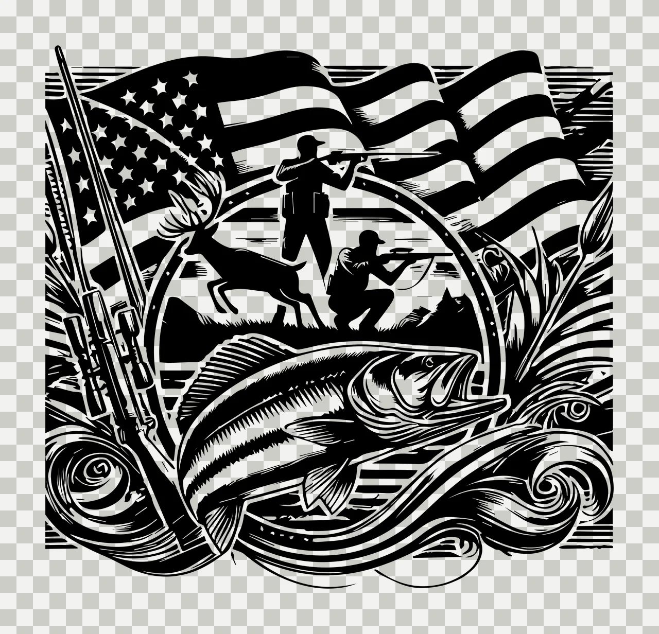 Hunting Flag Hunter Fish Illustration scene deer rifle reeds transparency and detail preview thumbnail