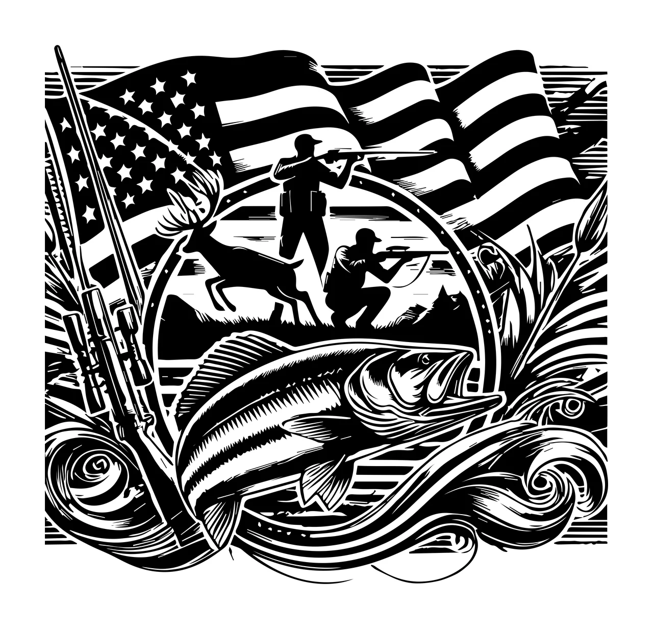 Hunting Flag Hunter Fish Illustration scene deer rifle reeds
