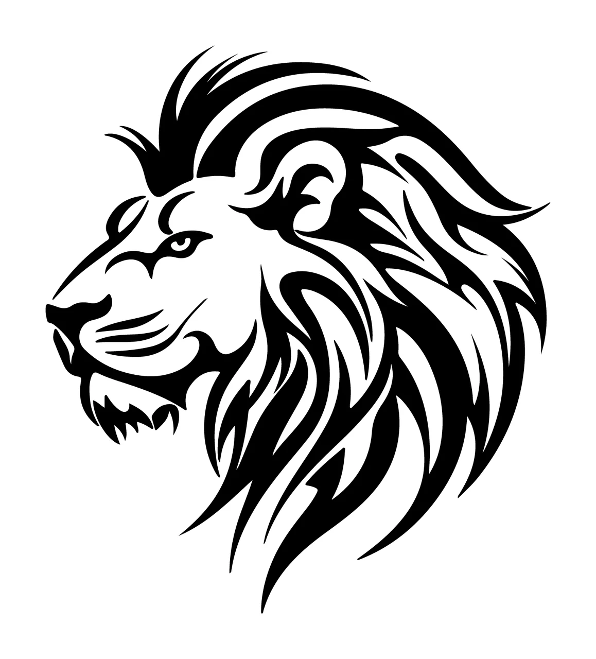 Lion Head Profile With Tribal Mane looking black white silhouette