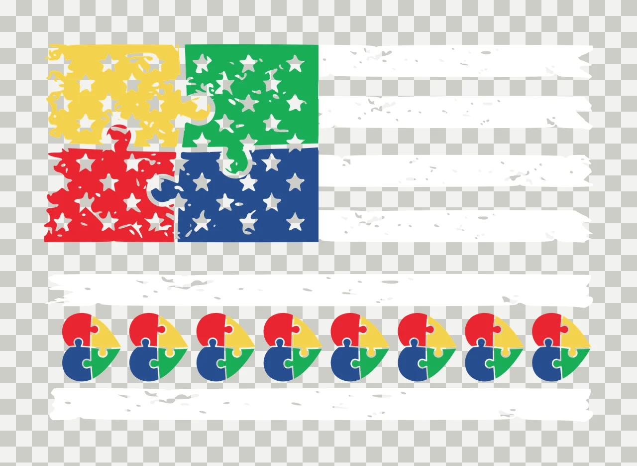 Puzzle piece flag and heart-shaped puzzle pieces Illustration with four-color puzzle piece flag with white stars and seven heart-shaped puzzle pieces in yellow, green and red transparency and detail preview thumbnail
