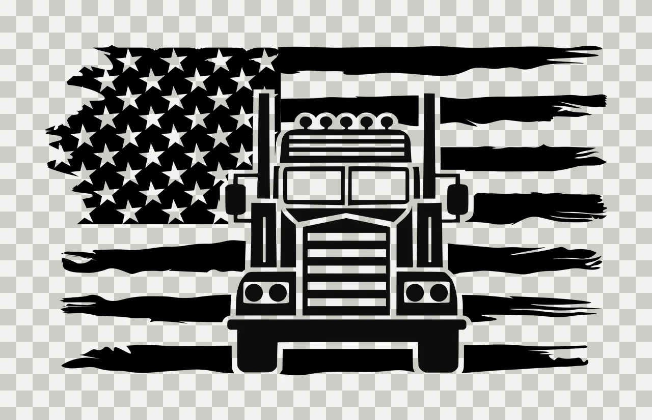 Semi Truck Flag Black And White Silhouette Over stationary transparency and detail preview thumbnail