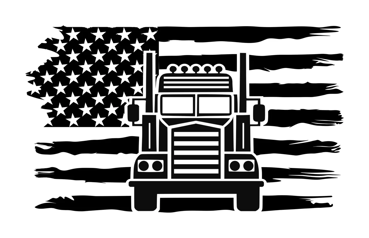 Semi Truck Flag Black And White Silhouette Over stationary