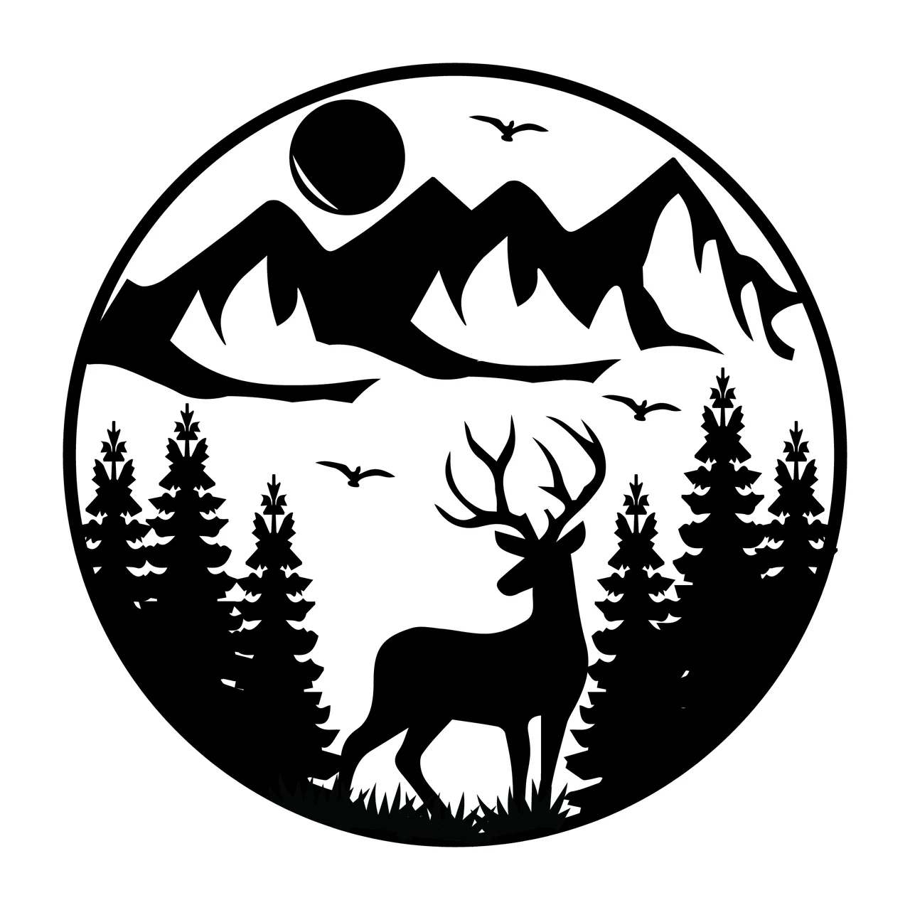 Deer Silhouette In Mountain Forest standing mountains sun pine trees