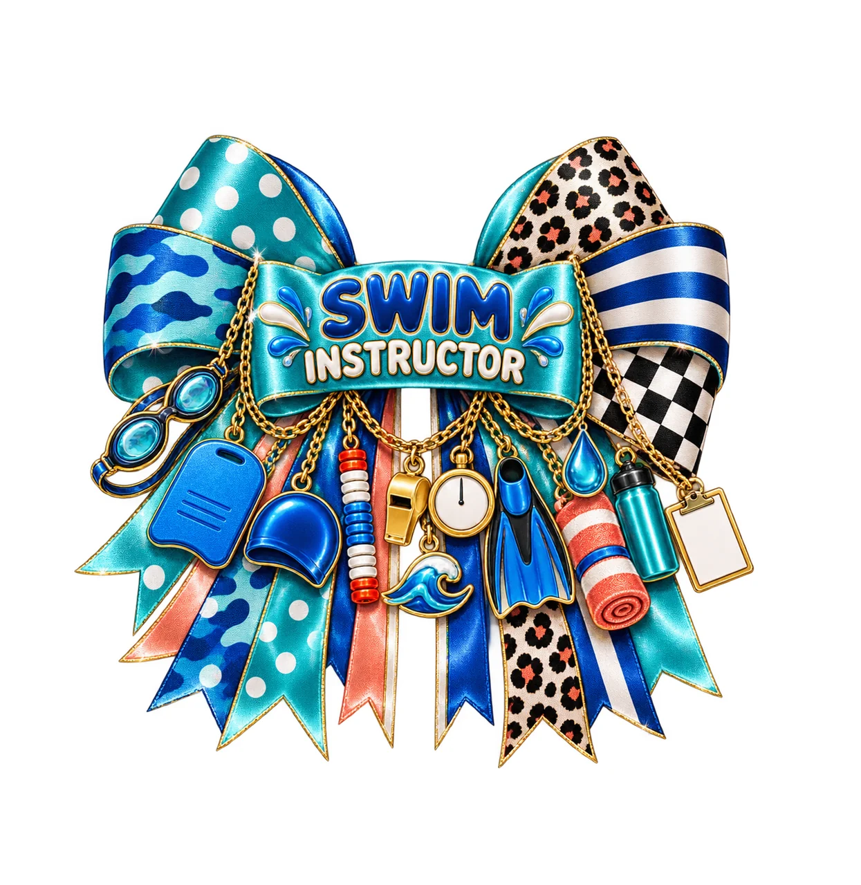 Swim Instructor Bow Charm PNG, Gold Chain Charms, Transparent Sublimation Design, Digital Download