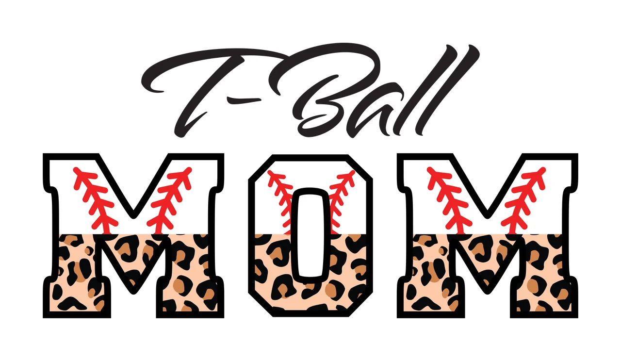 T-Ball MOM Typography Design with black cursive T-Ball text, bold black-outlined M O M letters, red baseball stitching on top of each letter and leopard print pattern on bottom half of each letter