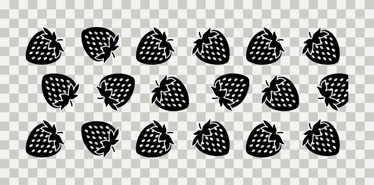 Strawberries Illustration with strawberry silhouettes, leaves, seeds and fruit icons in black and white transparency and detail preview thumbnail