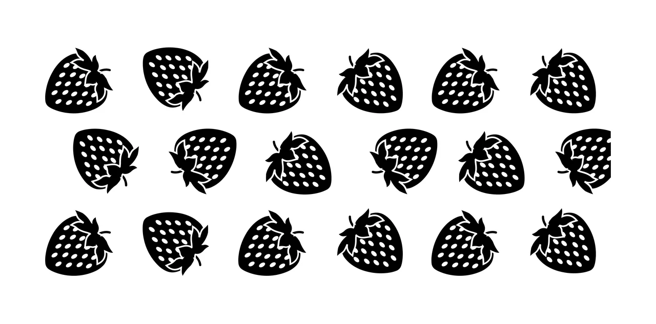 Strawberries Illustration with strawberry silhouettes, leaves, seeds and fruit icons in black and white