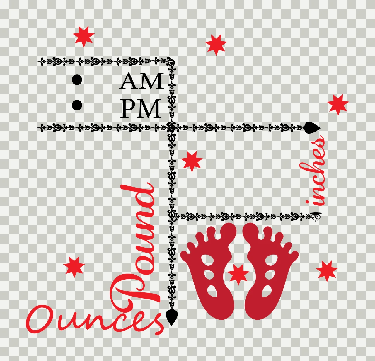 Baby Birth Data Footprints Chart documenting stars grid ornate transparency and detail preview thumbnail