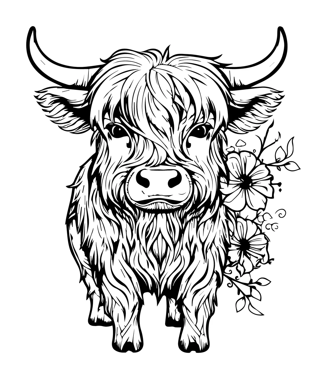 Highland Cow Cattle With Floral Side standing flower leaf line art