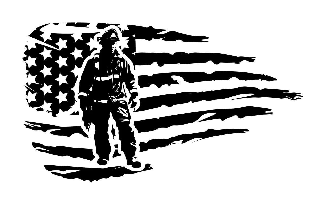 Firefighter Silhouette On Distressed American Flag standing