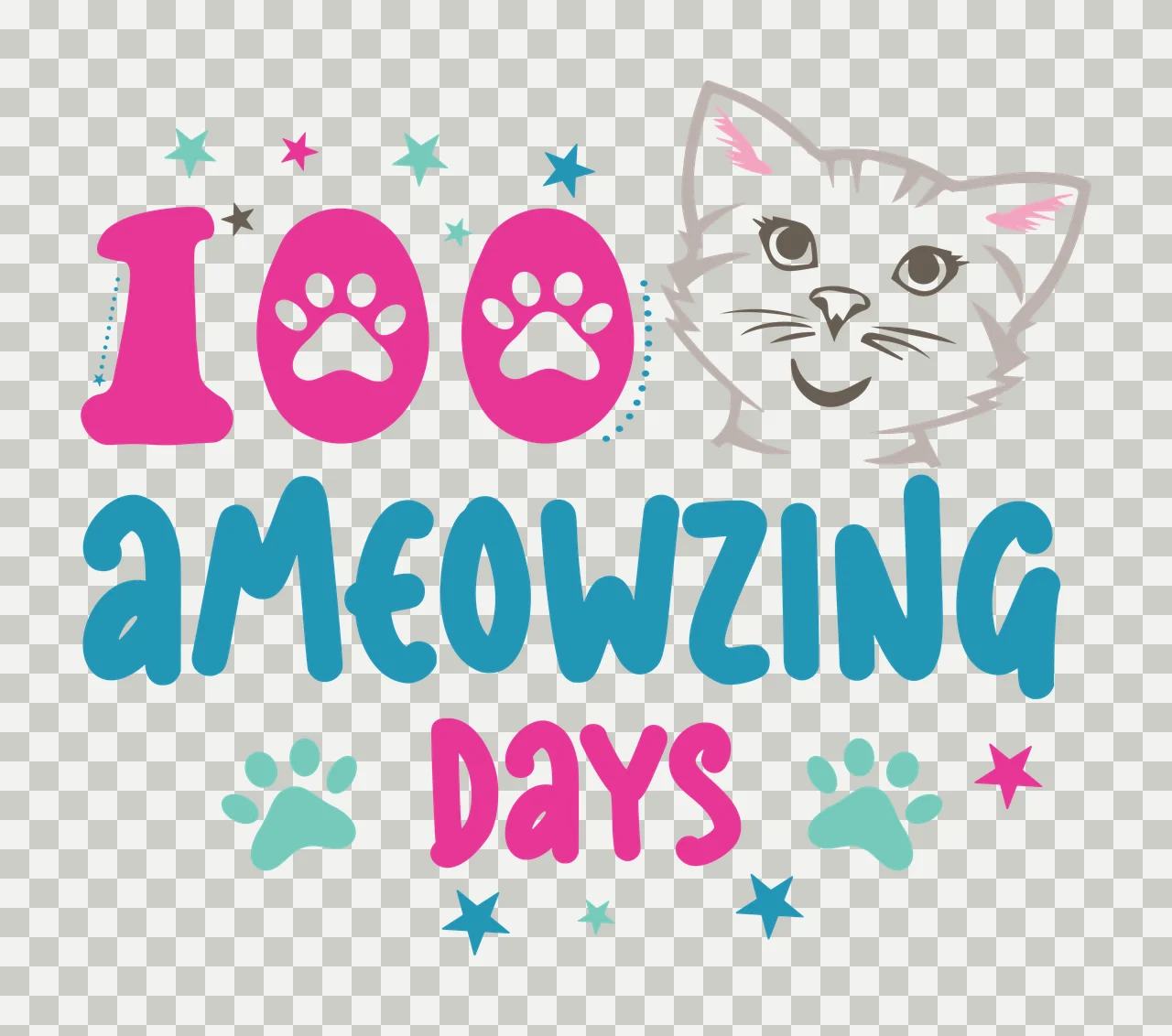 Cat 100 Ameowzing Days Design head paw prints stars playful transparency and detail preview thumbnail