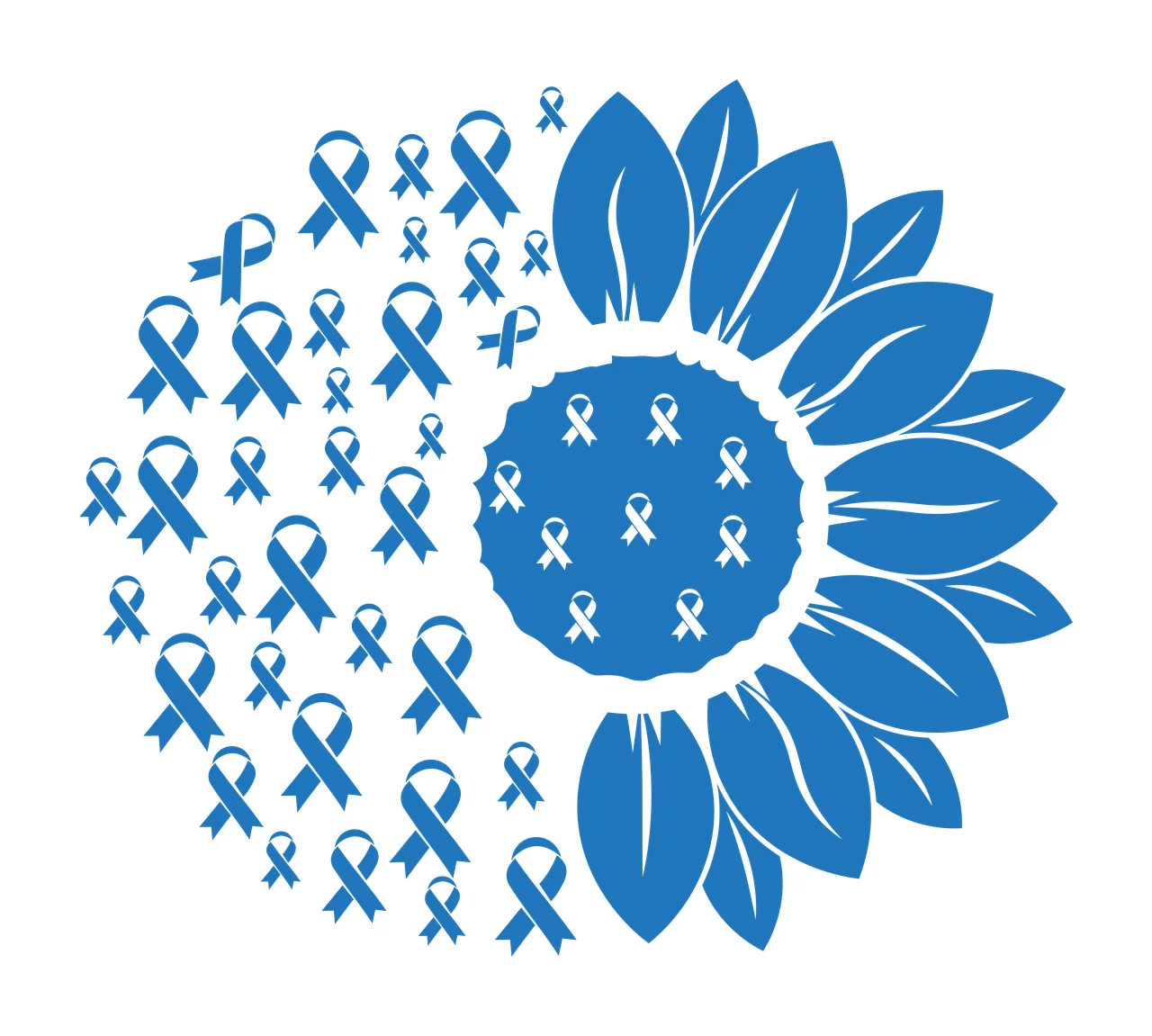 Silhouette Design of Sunflower with ribbon motif with blue sunflower, white ribbon center, scattered blue ribbons and white background