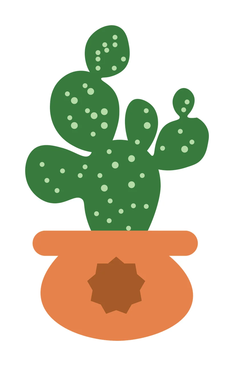 Prickly pear cactus in terracotta pot Illustration with green prickly pear cactus and brown star-shaped drainage hole in light green