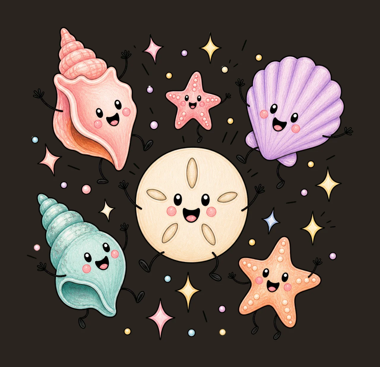 Happy Seashell Doodles Dancing Shell Characters Variation A contrast preview thumbnail