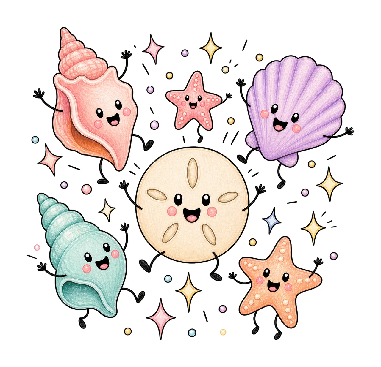 Happy Seashell Doodles Dancing Shell Characters Variation A