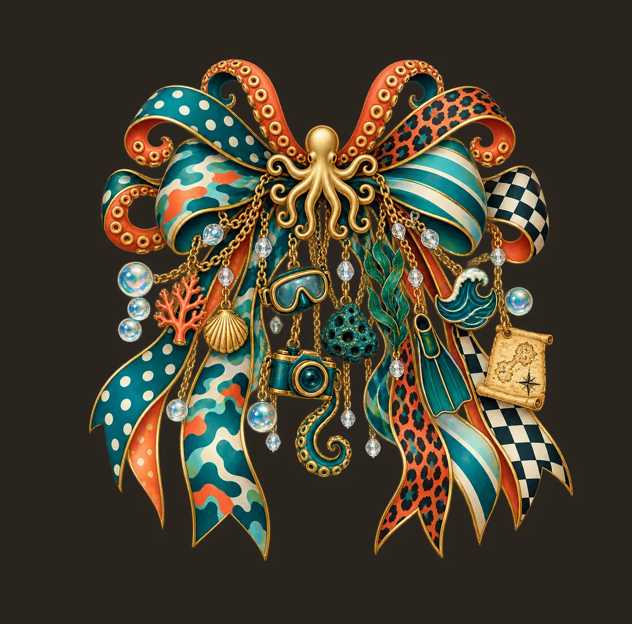 Octopus Lover Bow Charm PNG, Gold Chain Charms, Transparent Sublimation Design, Digital Download contrast preview thumbnail