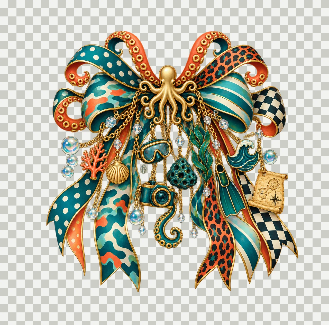 Octopus Lover Bow Charm PNG, Gold Chain Charms, Transparent Sublimation Design, Digital Download transparency and detail preview thumbnail