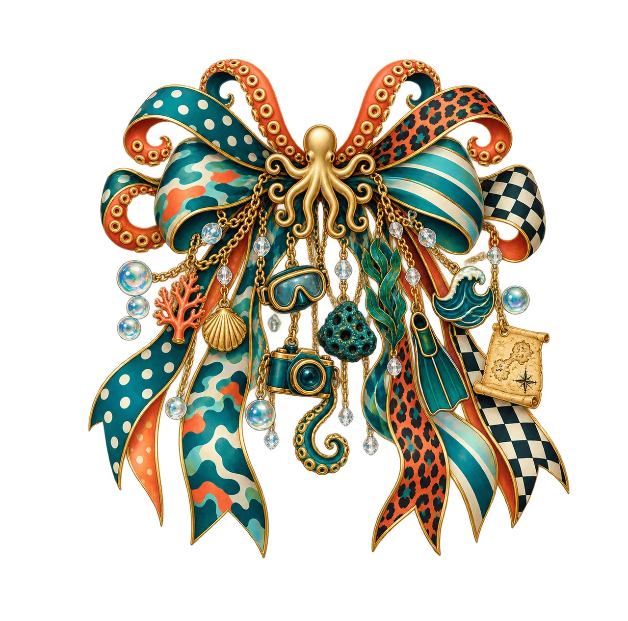 Octopus Lover Bow Charm PNG, Gold Chain Charms, Transparent Sublimation Design, Digital Download