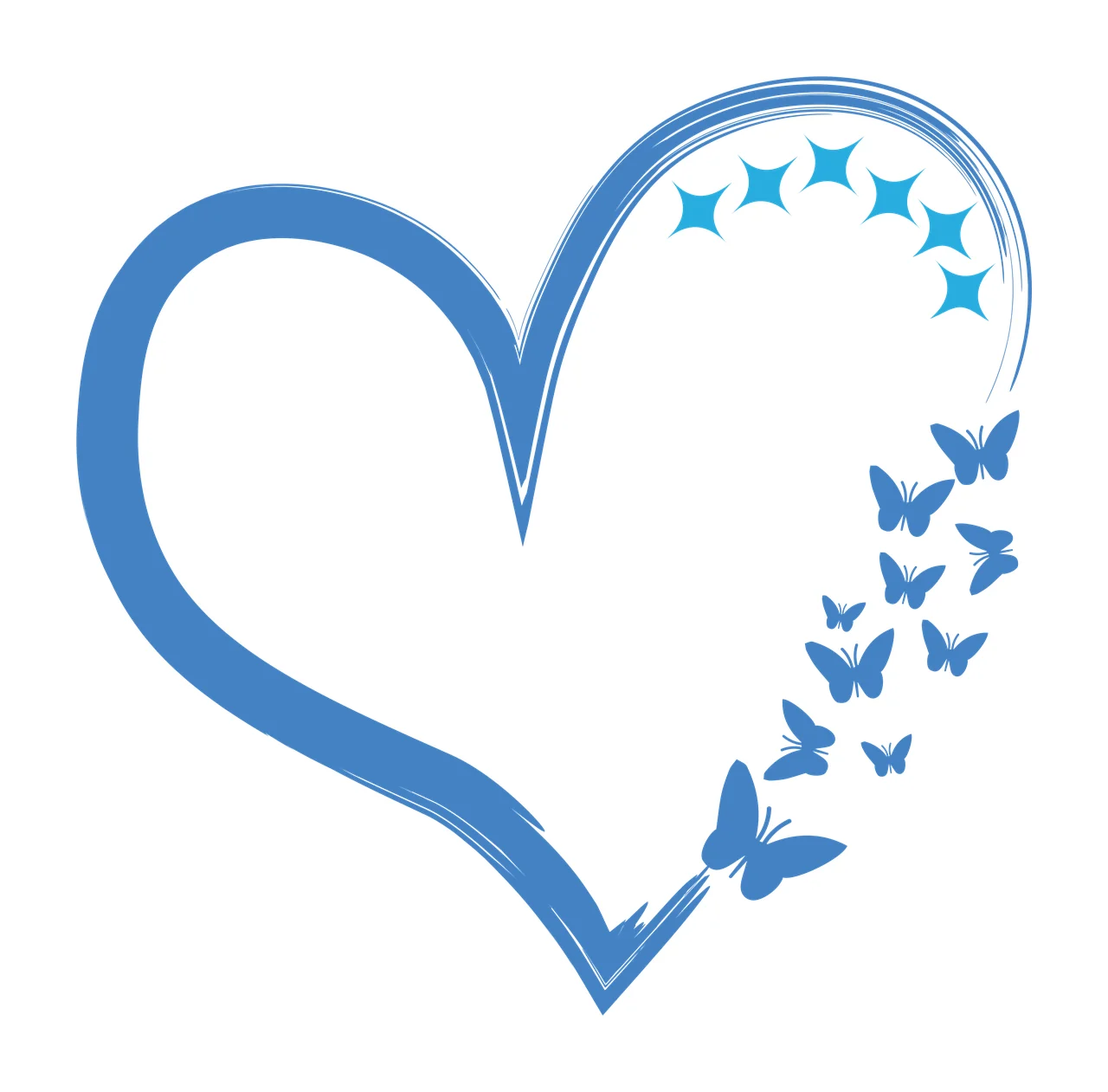 Blue brushstroke heart with butterflies and stars Illustration
