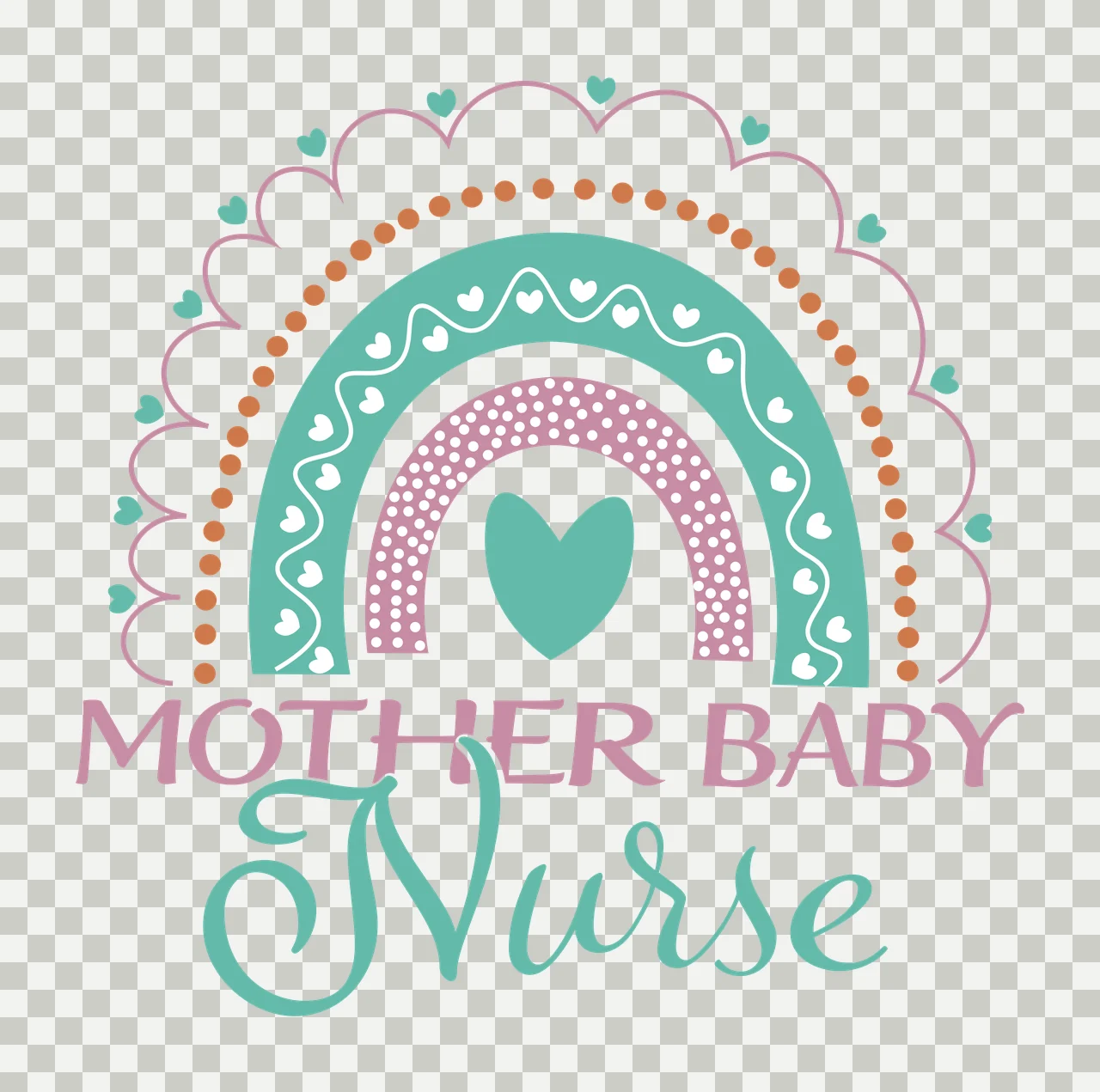 MOTHER BABY Nurse Typography Design with bohemian rainbow, heart, polka dots and scalloped arch in teal, pink and terracotta transparency and detail preview thumbnail